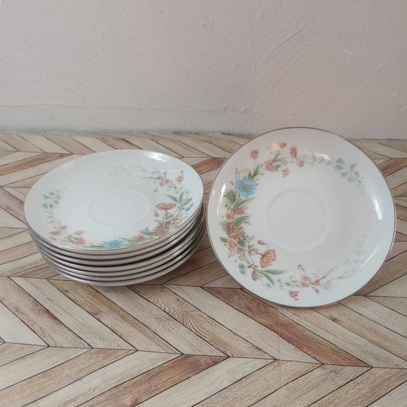 Premiere Fine China Silver Tone Trim Saucer Plates BERKSHIRE Floral Set Of 8 - Picture 2 of 10